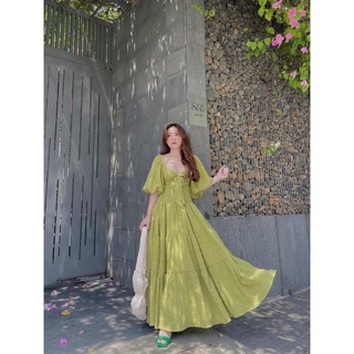 Đầm váy maxi xanh bơ xanh cốm đi biển đũi áo nhún xoè tay phồng set áo croptop tay bồng chân váy dài đi chơi đi biển