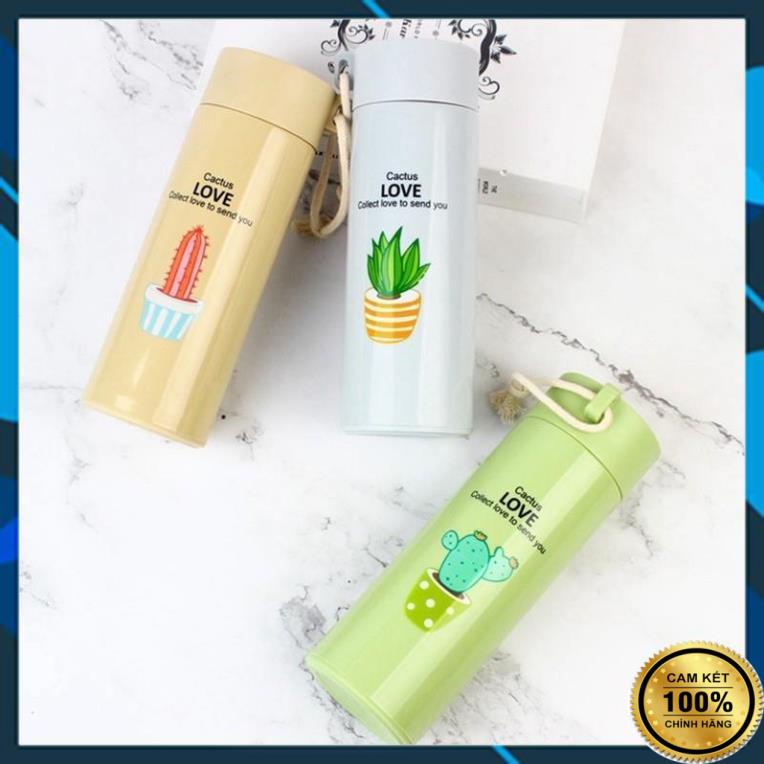 Bình đựng nước lõi thủy tinh họa tiết xương rồng dễ thương dung tích 450ml, Bình đựng nước thủy tinh cho học sinh