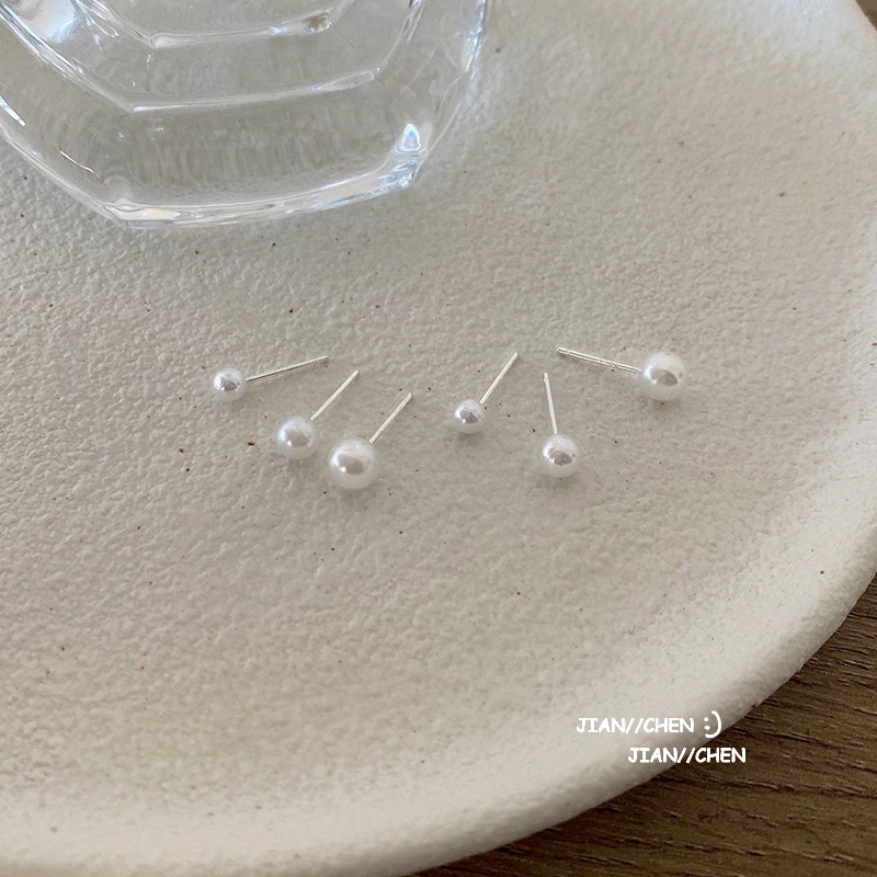 Set 6 khuyên tai bạc S925 đính ngọc trai giả đơn giản thời trang cho nữ 3/4/5mm