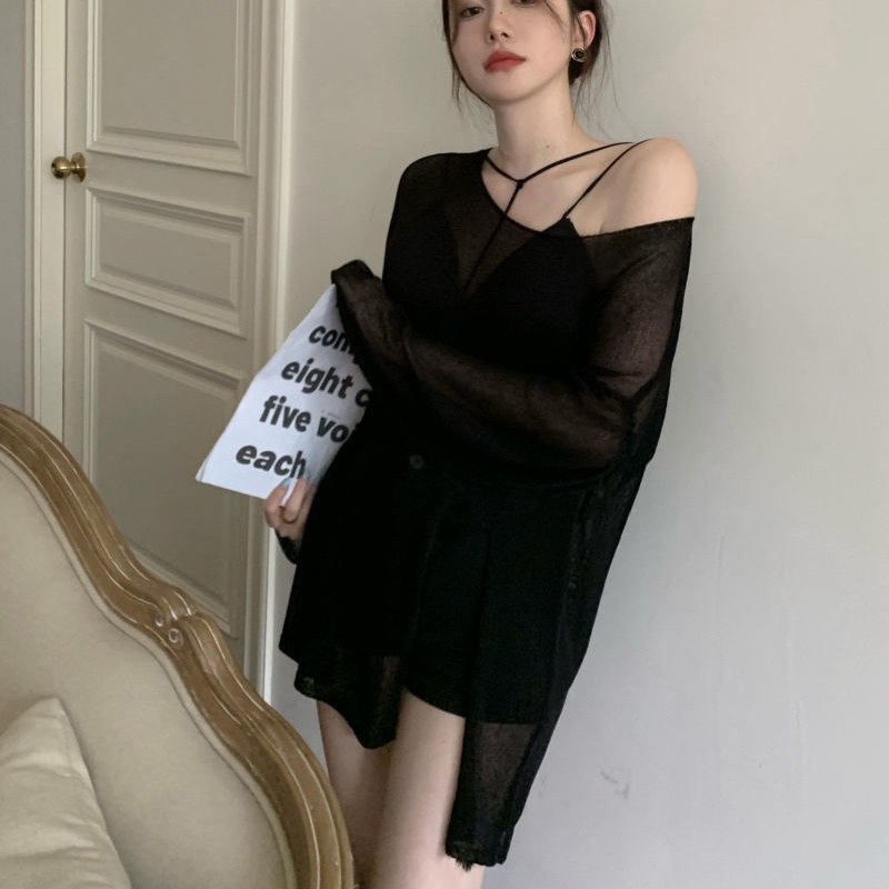 Áo thun IELGY vải mỏng màu đen xuyên thấu dáng rộng chống nắng phong cách Hàn Quốc cho nữ