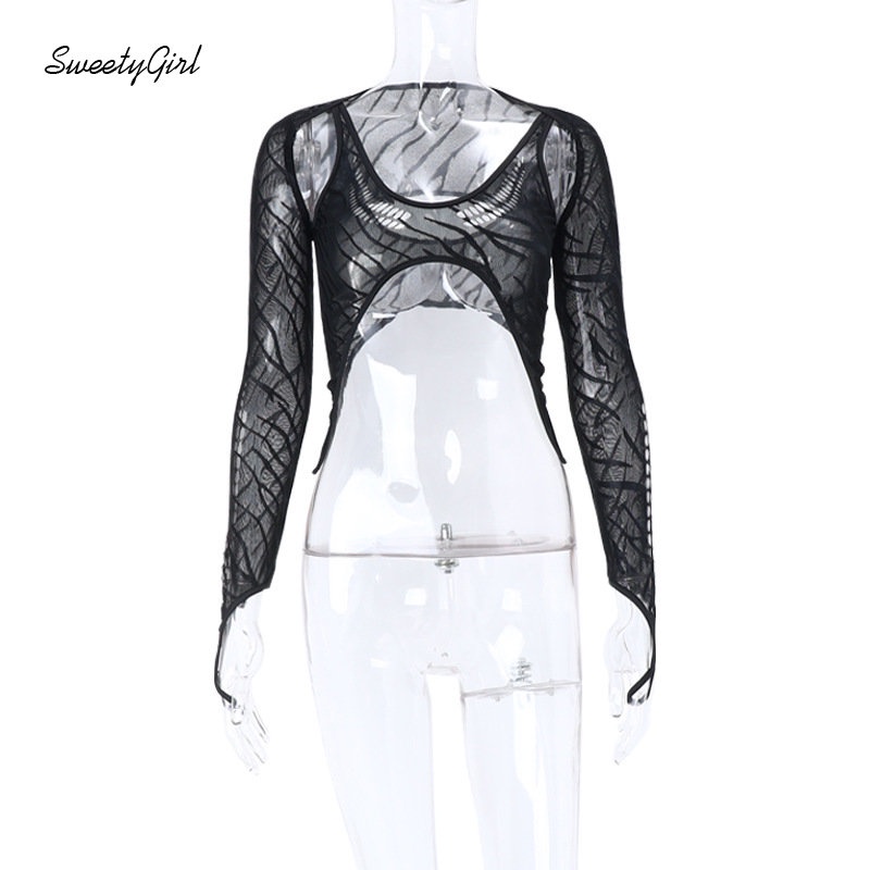 Áo Croptop Tay Dài Cổ Tròn Khoét Lỗ Màu Đen Trơn Thời Trang 2022 Quyến Rũ Cho Nữ