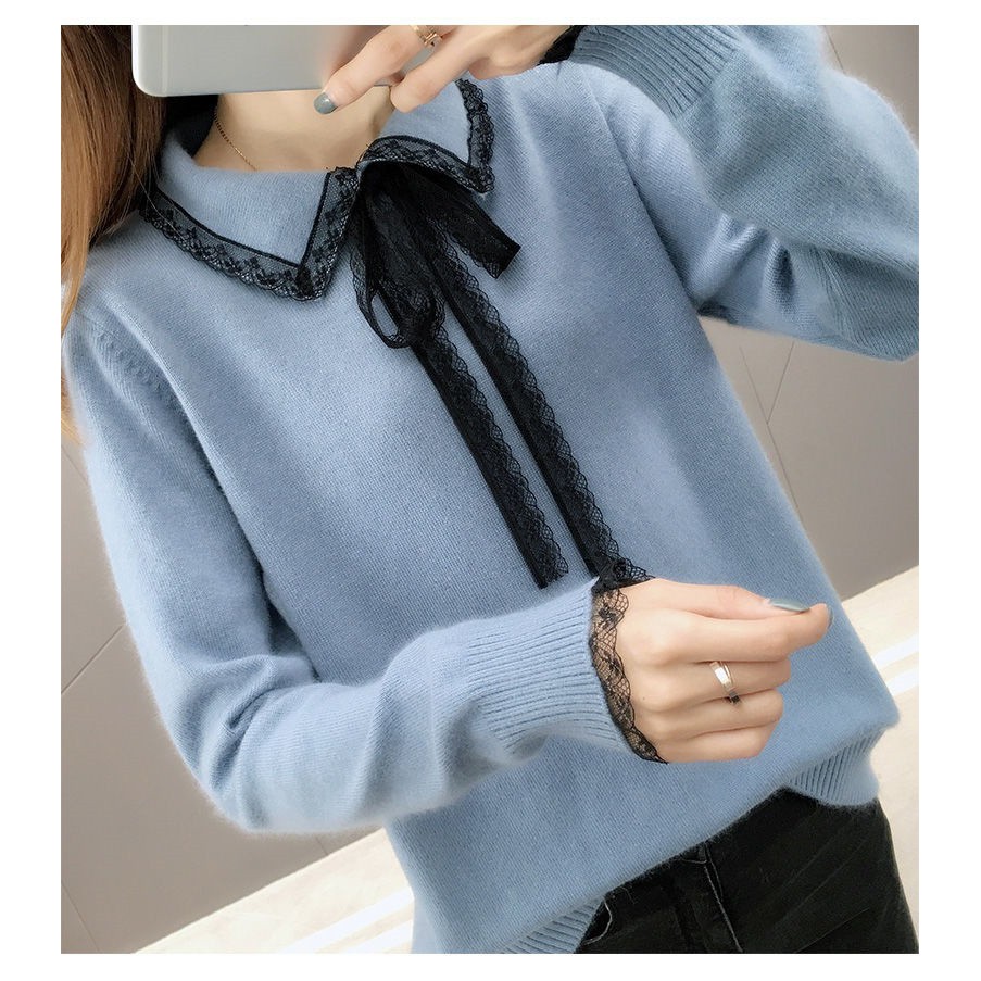 Áo len nữ cổ sơ mi phối nơ đẹp