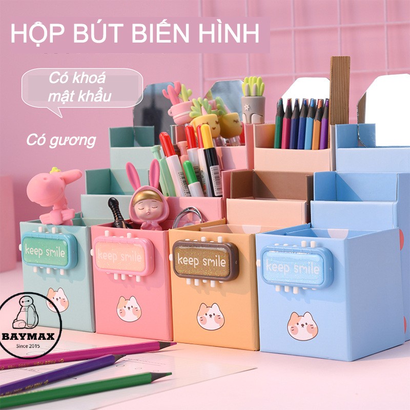 Hộp bút đa chức năng: có khoá mật khẩu+ gương soi+ thẻ tên chống thất lạc, Khay đựng bút nhiều ngăn
