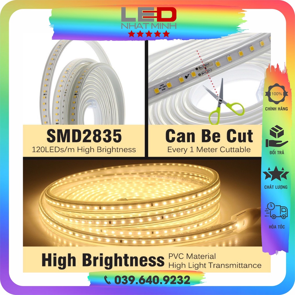 Dây đèn led 2835 - 220v - có keo dán - bán theo mét