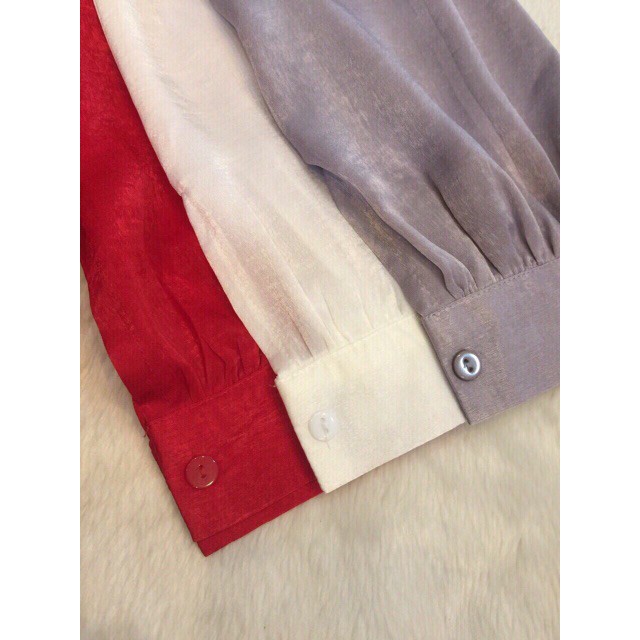 Áo sơ mi kiều nữ lụa tằm cổ nơ dài tay ba màu trắng, đỏ, ghi | BigBuy360 - bigbuy360.vn