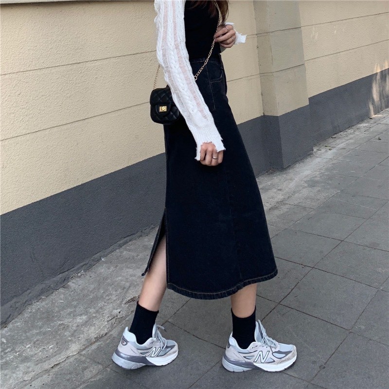 Chân váy jeans ulzzang dáng dài xẻ tà viền chỉ, chân váy bò dáng chữ A chun lưng | BigBuy360 - bigbuy360.vn