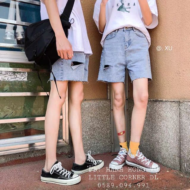 Quần short ngố lửng jeans xanh nhạt rách xẻ một bên ulzzang kèm ảnh thật hàng sẵn