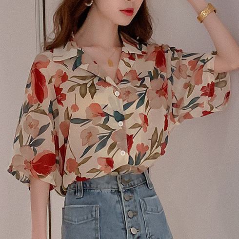 Áo sơ mi chiffon tay ngắn in họa tiết phong cách Hàn Quốc thờI trang cho nữ