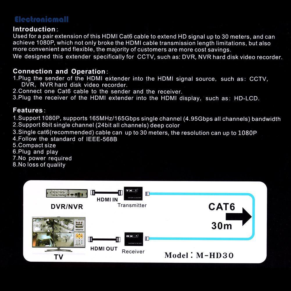 30m Wired HDMI-compatible Transmitter Receiver 1080P Splitter Adapter