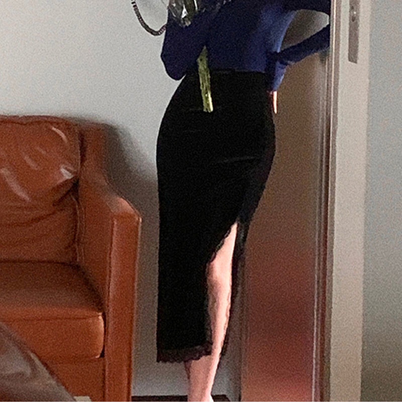 Chân váy nhung COZOK lưng cao phối ren phong cách cổ điển thời trang thu đông cho nữ