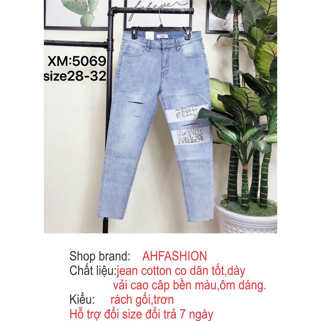 Quần jean nam co giãn cao cấp chất bò rách gối in chữ mẫu mới AHFASHION | BigBuy360 - bigbuy360.vn