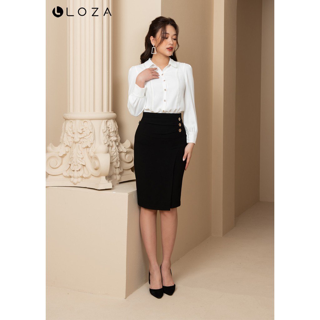 [Mã FASHIONMALLT4 giảm 15% đơn 150k] Áo sơ mi trắng phối nẹp ren-LOZA LS12005