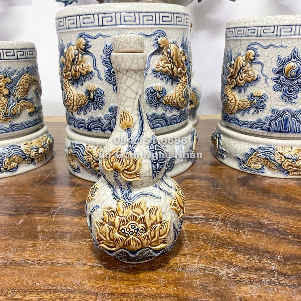 Nậm Rượu Thờ Cúng 2 Bầu Men Rạn Chuẩn Bát Tràng - Nghệ nhân chế tác