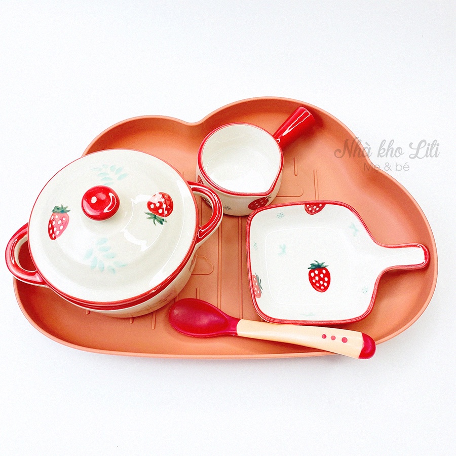 Set bát sứ cao cấp 5 chi tiết dành cho bé ăn dặm thiết kế dễ thương, tặng thìa báo nóng