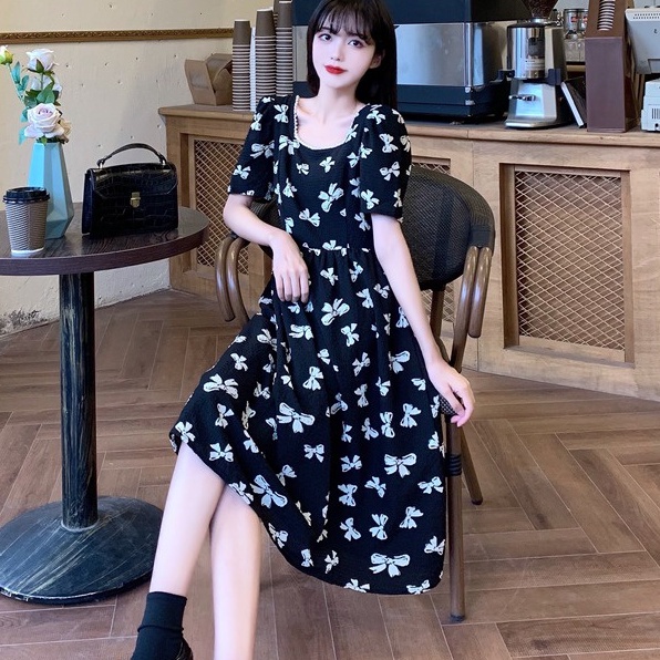 Đầm nữ ZHELIHANGFEI dài qua gối cổ vuông hở lưng cột nơ thời trang mùa hè retro