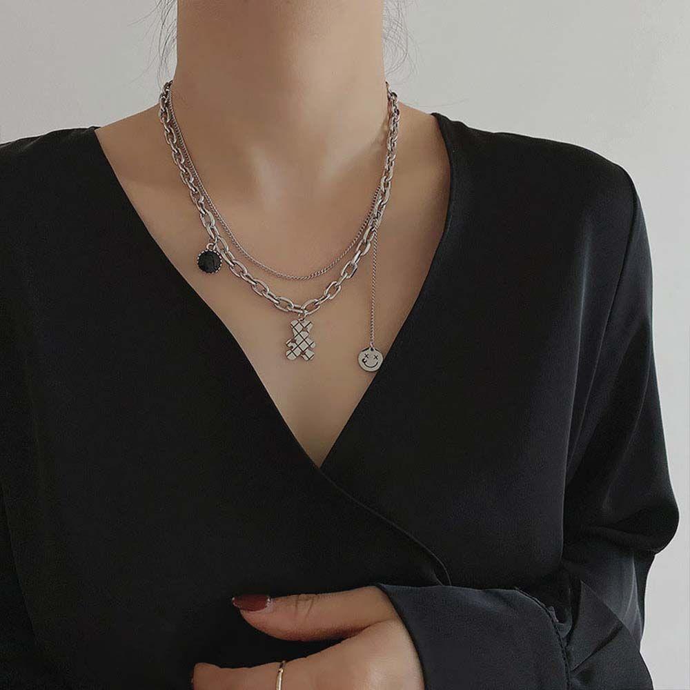 Dây Chuyền Choker Hai Lớp Mặt Hình Mặt Cười Bằng Kim Loại Phong Cách Hip Hop Thời Trang Cho Nữ