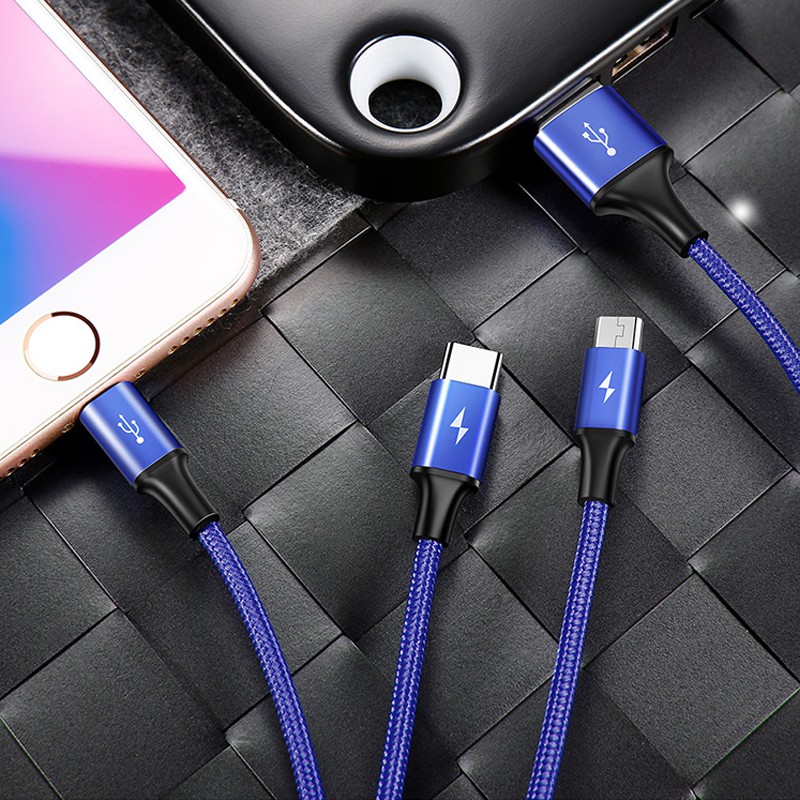 Dây sạc iphone 3 đầu (3 in 1) siêu bền, nhiều cổng sạc: USB micro, type C, lightning cho điện thoại iPhone, samsung