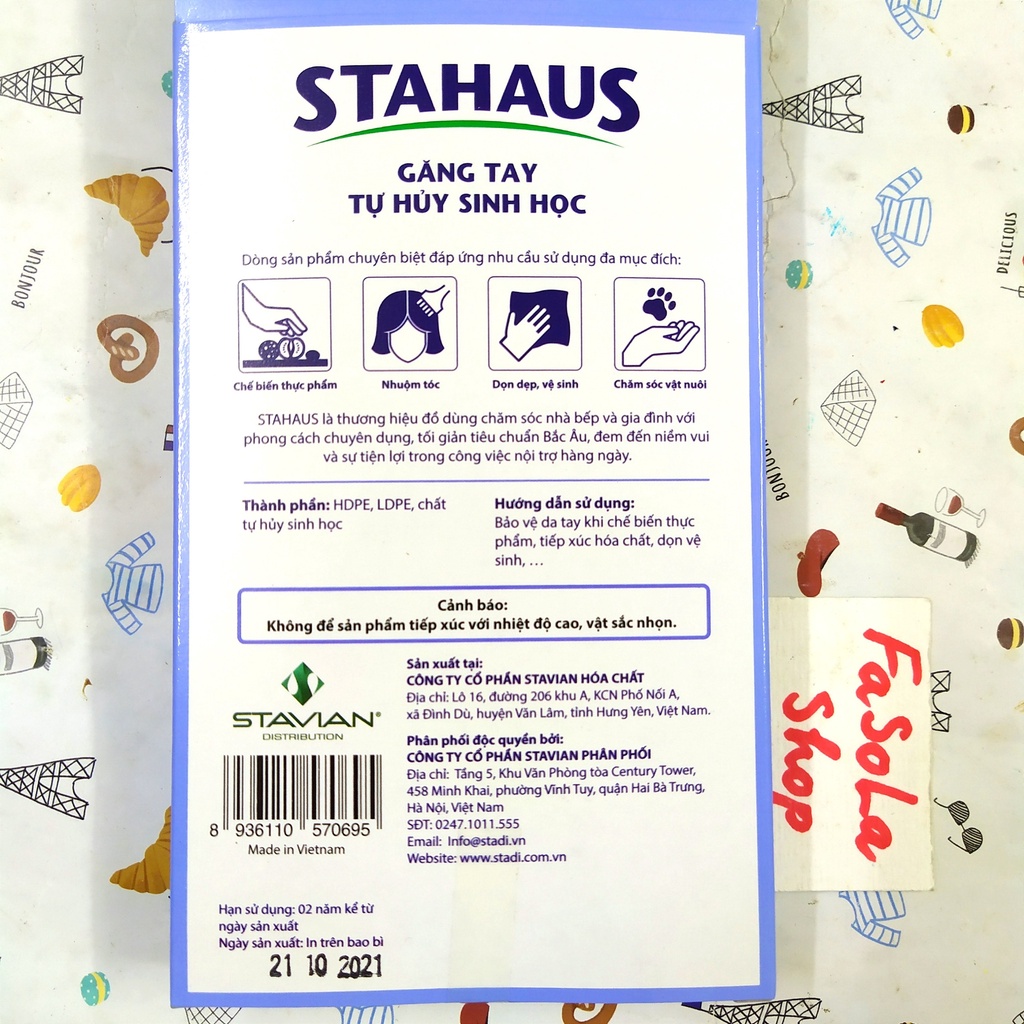 Găng tay nylon STAHAUS STAVIAN 100 chiếc size L tự hủy sinh học thực phẩm cỡ to ny lông ni lông không trơn trượt