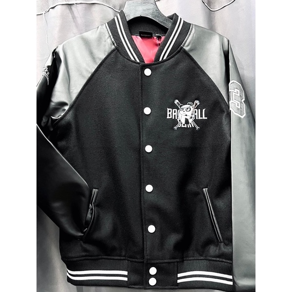 [CHÍNH HÃNG] ÁO KHOÁC BÓNG CHÀY MLBNY BASIC ĐEN TRẮNG TAY DA - ÁO BOMBER THỂ THAO - VARSITY JACKETS