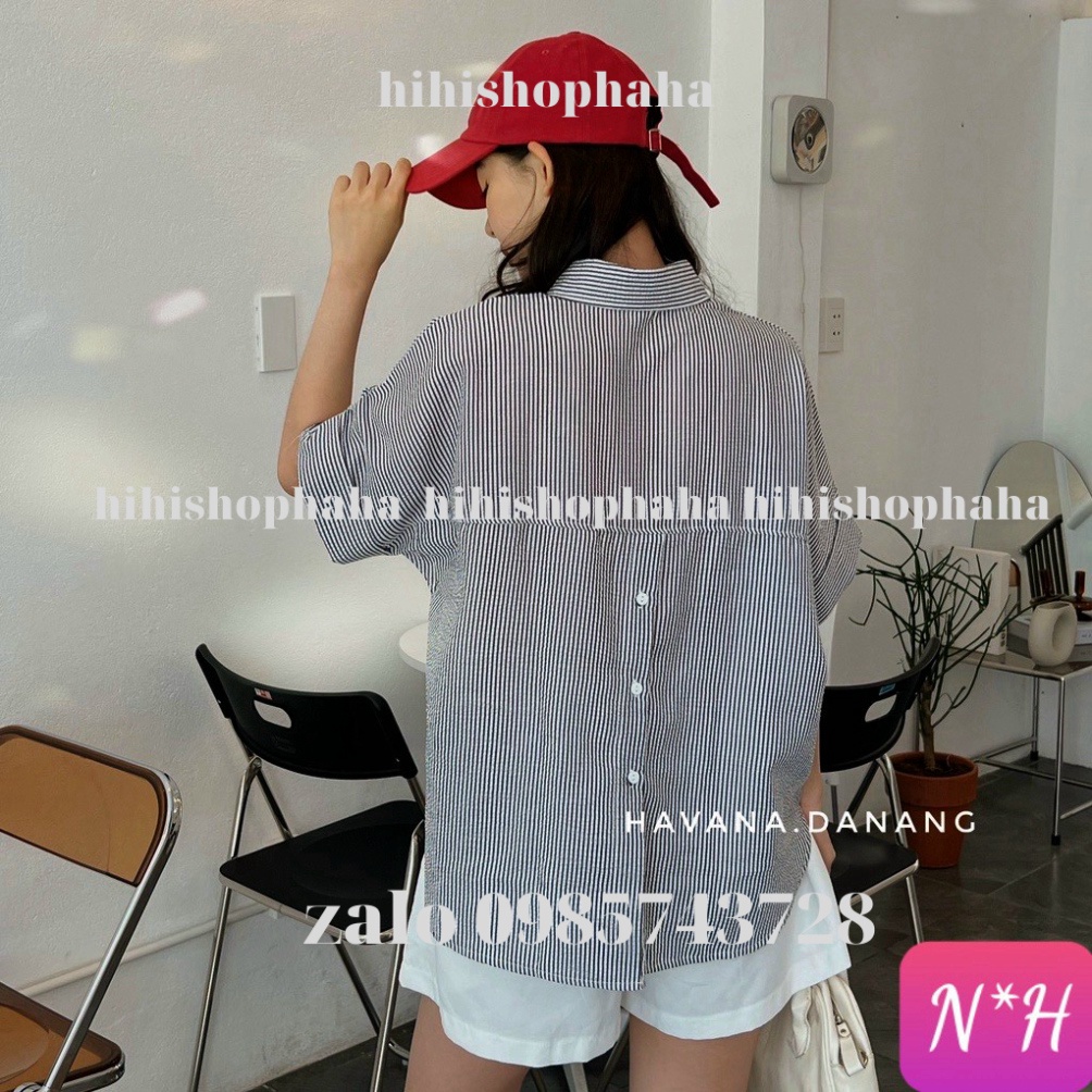 Áo sơ mi kiểu hàn quốc, áo kẻ xẻ cúc lưng cách điệu hihishophaha