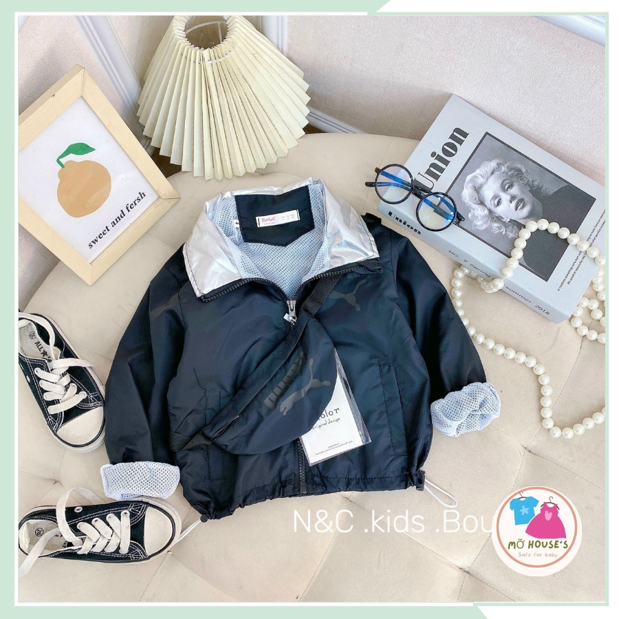 Set áo 2 chi tiết, áo gió 2 lớp kèm túi đeo chéo cho bé trai, bé gái từ 10kg đến 22kg AK05
