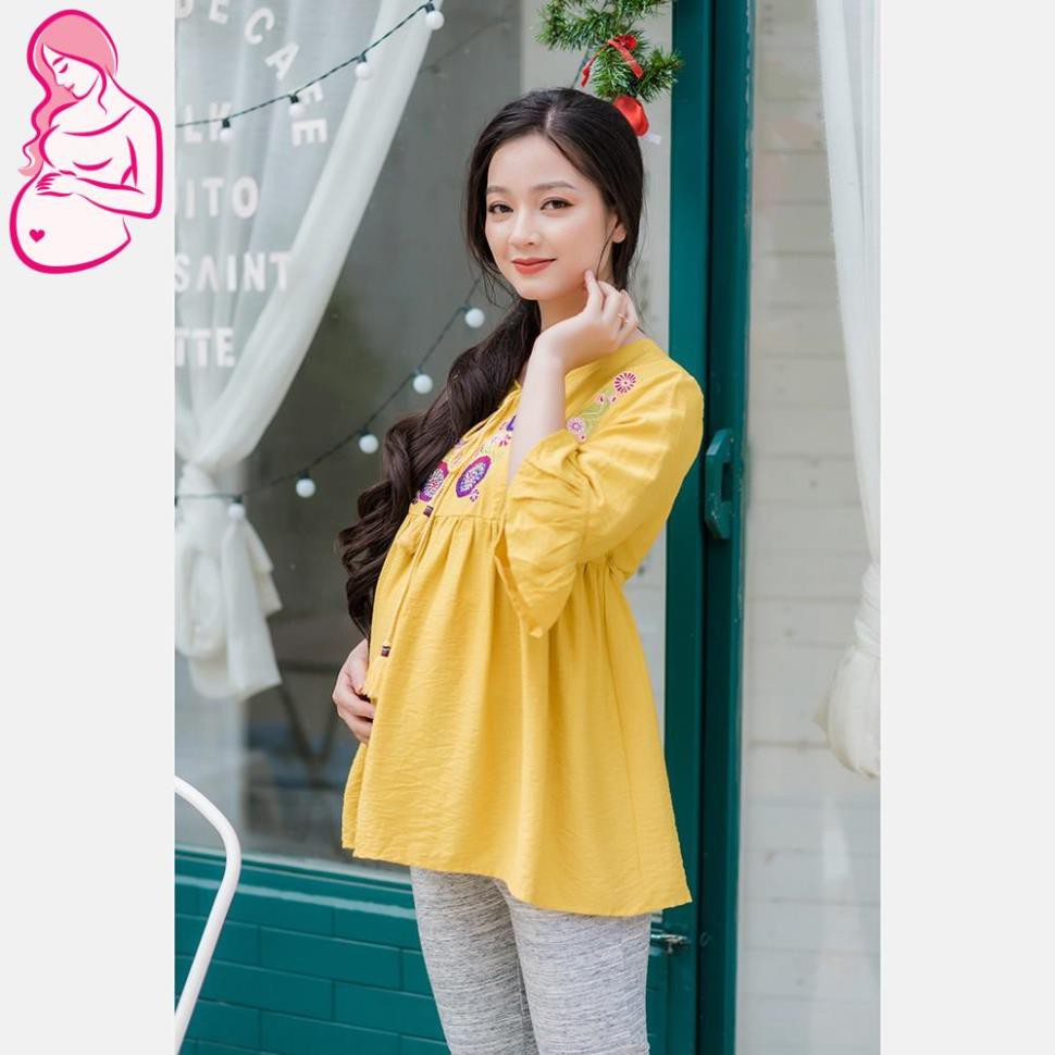 Aó bầu cổ xẻ thêu hoa tay bèo phối ren vàng Cao cấp