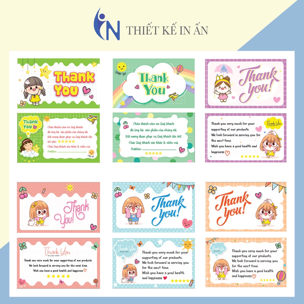 Hộp 100 card cám ơn, card Thank you họa tiết cute (12 mẫu) dành riêng cho shop bán hàng online