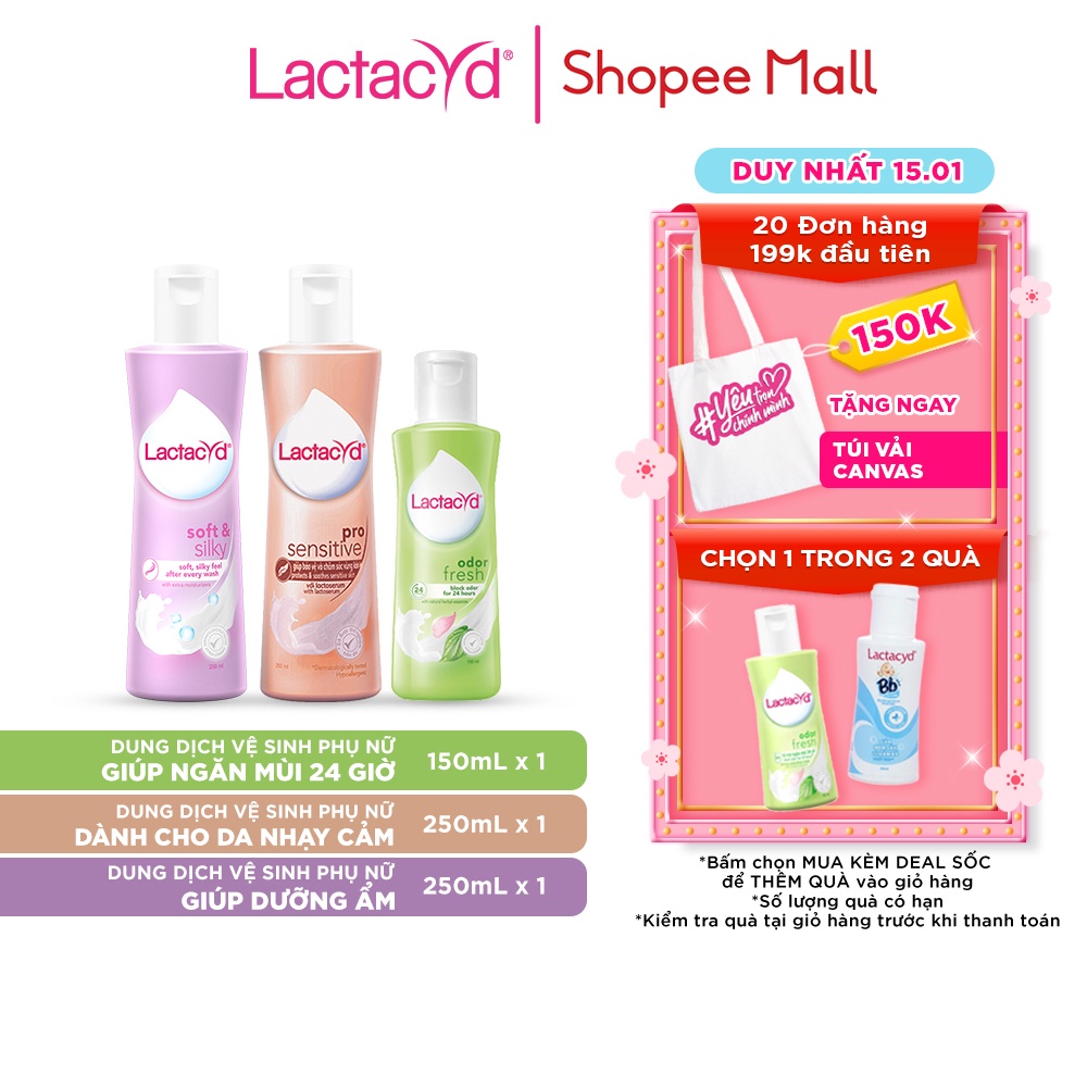 Bộ Dung Dịch Vệ Sinh Lactacyd Soft &amp; Silky Dưỡng Ẩm 250ml + Odor Fresh Ngăn Mùi 150ml + Pro Sensitive Da Nhạy Cảm 250ml