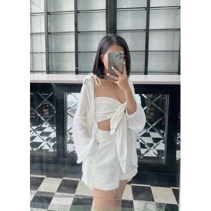 Set đùi kèm áo hai dây cột nơ kèm áo khoác sơ mi cực chất đi biển