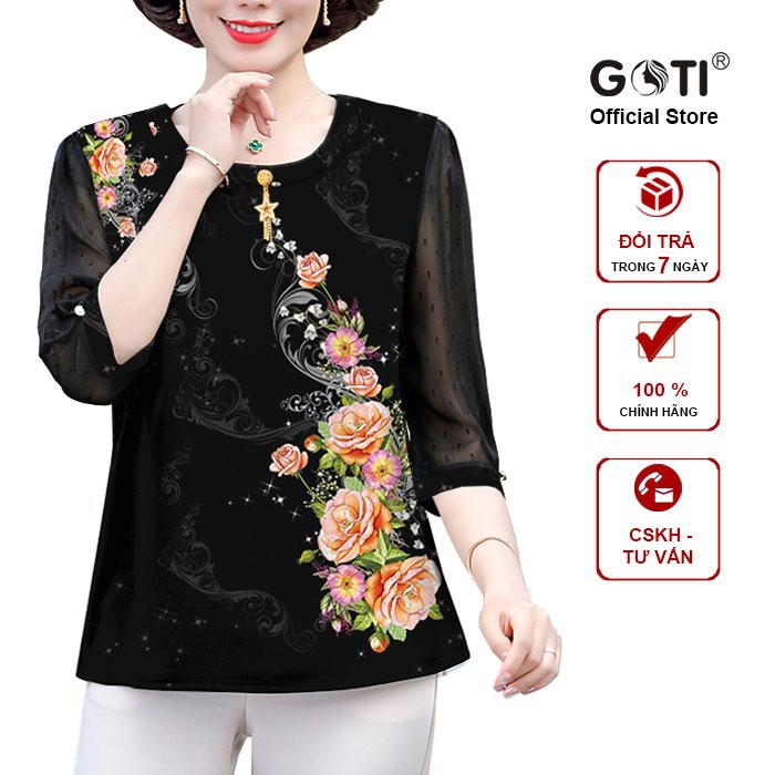 GOTI - Áo Lụa Trung Niên Che Bụng - Áo Kiểu Tặng Mẹ U50 U60 Cổ V Phối Họa Tiết Giả Khăn 3A23 3A21