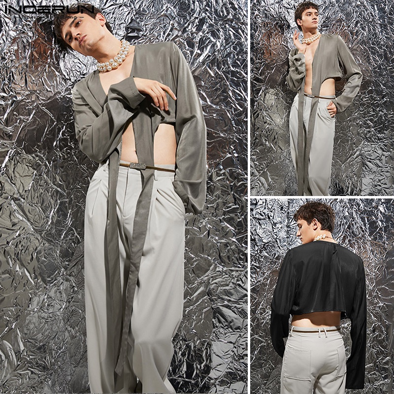 Áo khoác blazer INCERUN tay dài kèm thắt lưng dài thiết kế không đối xứng thời trang tùy chọn màu sắc cho nam