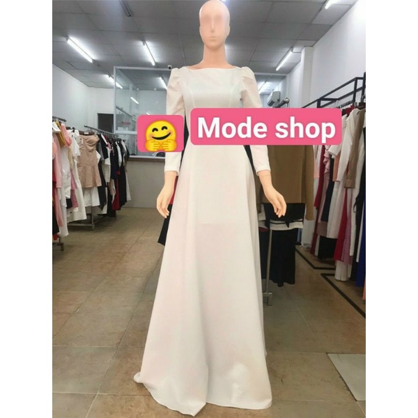 Đầm dạ hội kiểu tay dài cổ thuyền phối nút  kèm ảnh thật