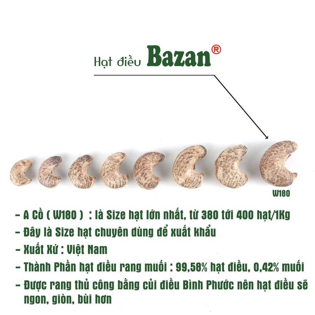 Hạt điều rang muối Bazan Bình Phước bể đôi hạt dinh dưỡng A+ loại 1 hộp 500g nắp xanh bể còn vỏ lụa