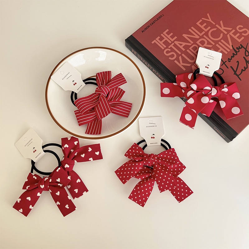 Bộ 2 dây buộc tóc đính nơ màu đỏ đơn giản phong cách Hàn Quốc