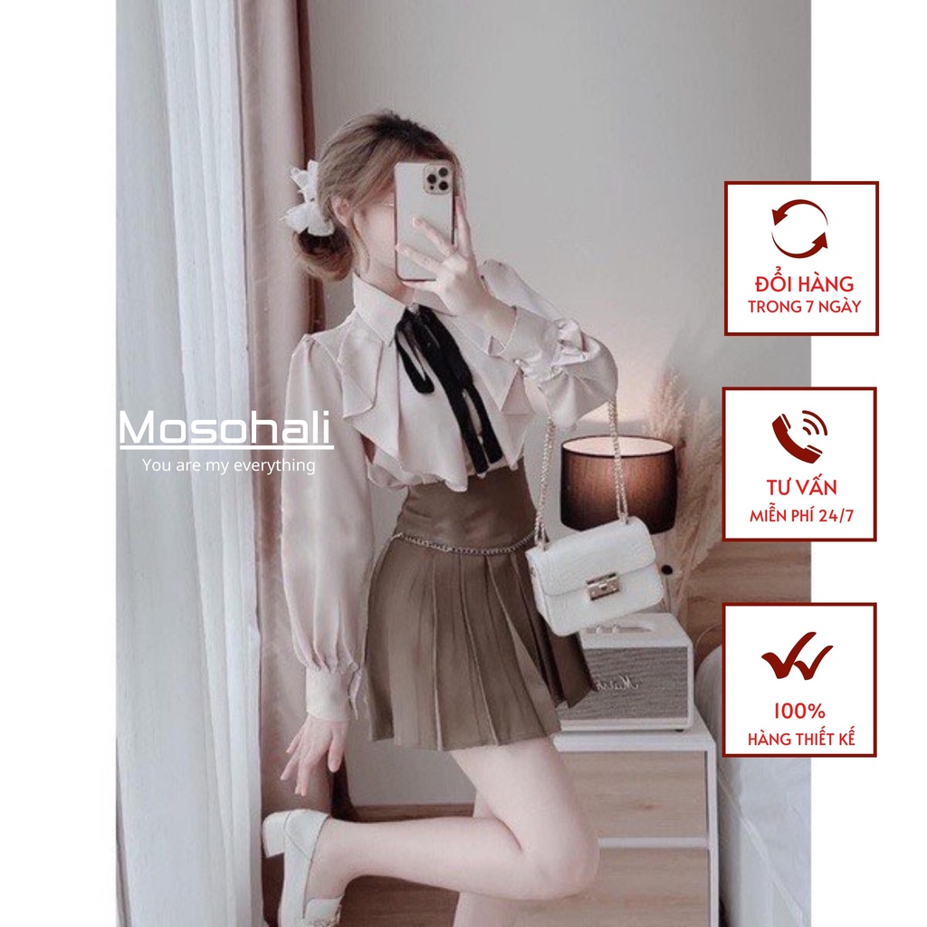 Sơ mi nữ suông Mosohali dài tay cổ bèo phối nơ đen thời trang thiết kế công sở