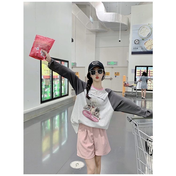 Áo Thun Dáng Rộng Phối Màu Tương Phản Thời Trang Mùa Thu Mới Cho Nữ