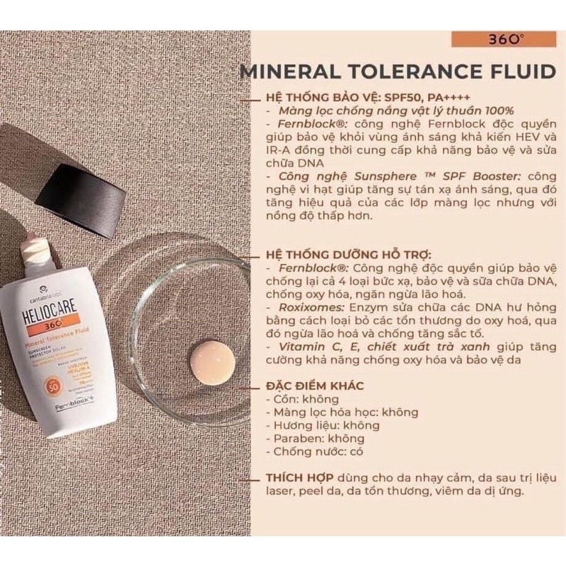 Kem chống nắng Heliocare 360 Water Gel/Mineral Tolerance/Pigment Solution Fluid SPF50+ 50ml