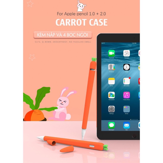 Ốp case cho Apple Pencil 2 , 1 bao silicon kiểu củ cà rốt tặng kèm nắp bút và 4 chiếc bọc ngòi (AP10)