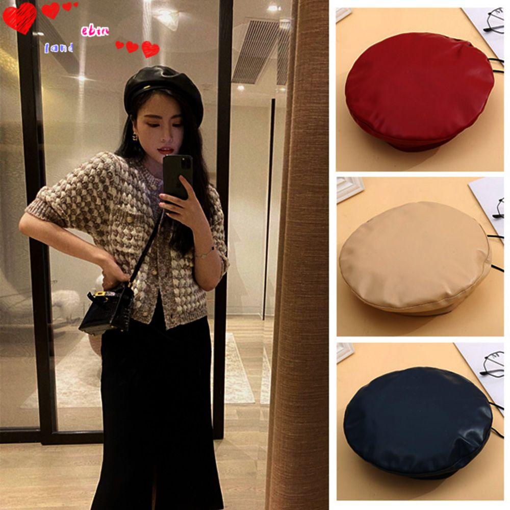 Mũ beanie làm bằng da PU màu trơn giữ ấm dễ phối đồ có thể điều chỉnh dành cho nữ