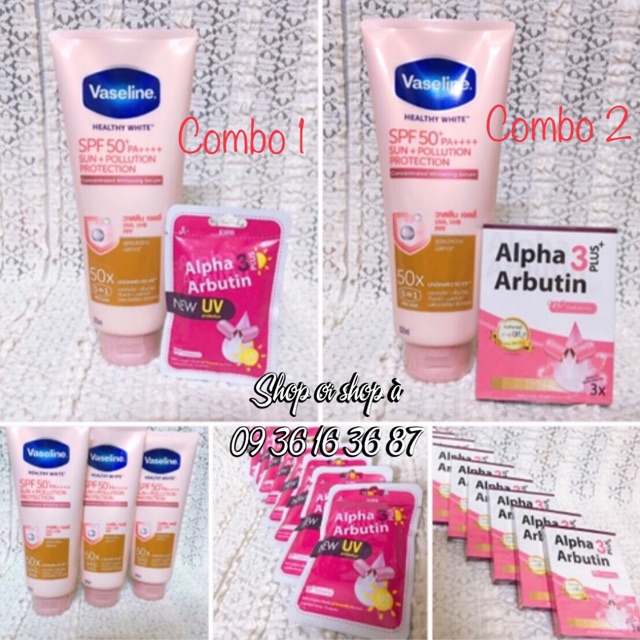 Combo Dưỡng thể Vaseline 50x + Kích trắng Alpha Arbutin hộp vỉ  10 v Thái lan