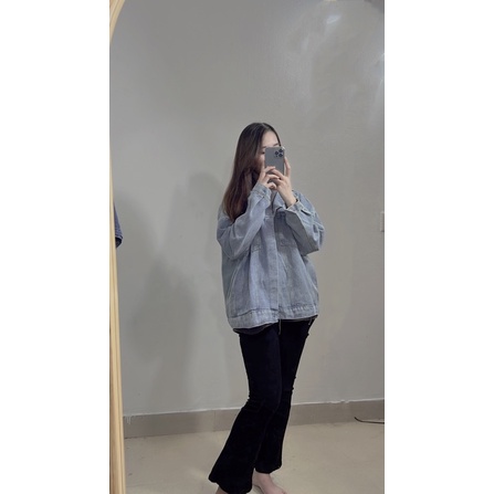 Áo khoác bò jean xanh nhạt túi trước hộp , chất demin from rộng xanh quảng châu-Minxy shop