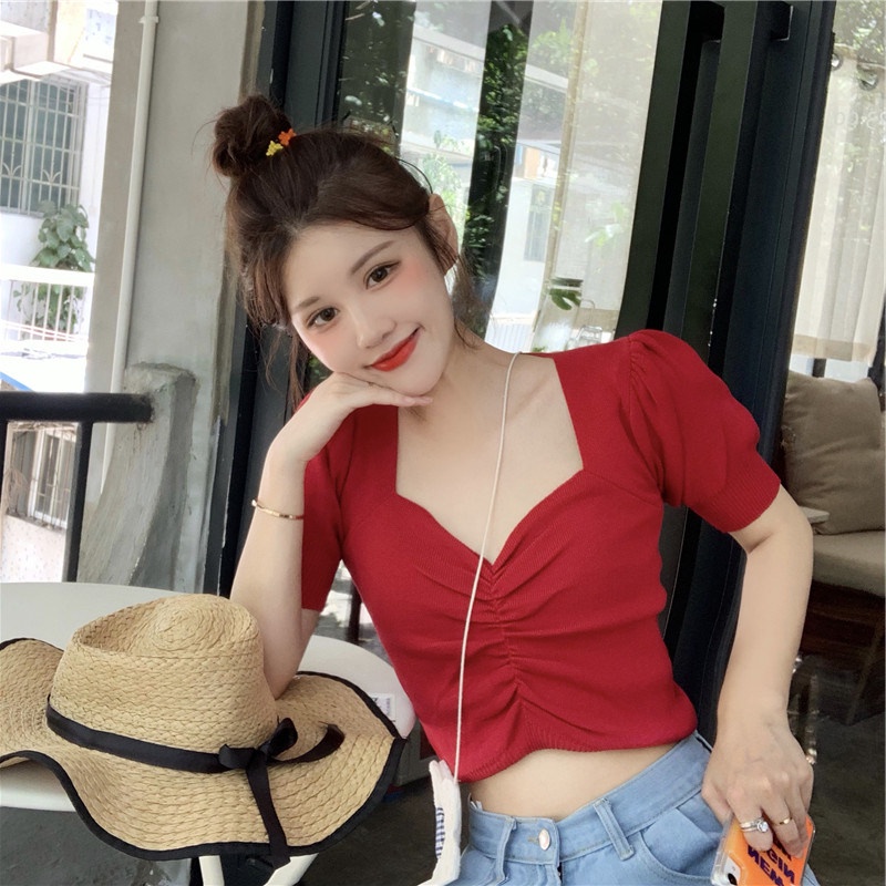 Áo Croptop Dệt Kim Tay Ngắn Thiết Kế Cổ Chữ V Màu Sắc Thanh Lịch