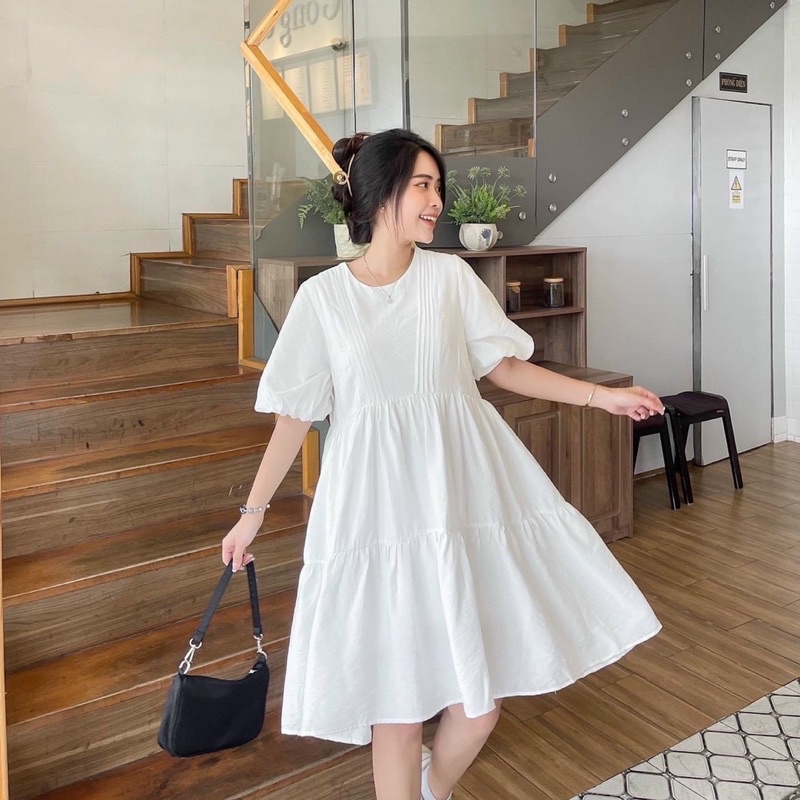 Đầm trắng CỔ TRÒN babydoll xếp ly V - VALLEY DRESS T198 | BigBuy360 - bigbuy360.vn