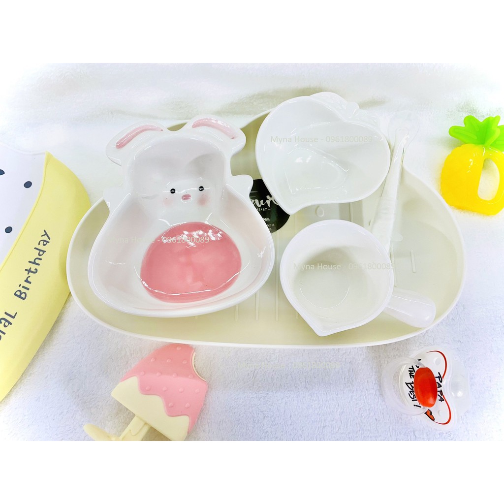 Combo 5 món khay ,thìa , bát sứ ăn dặm cho bé siêu cute màu trắng - nhiều mẫu