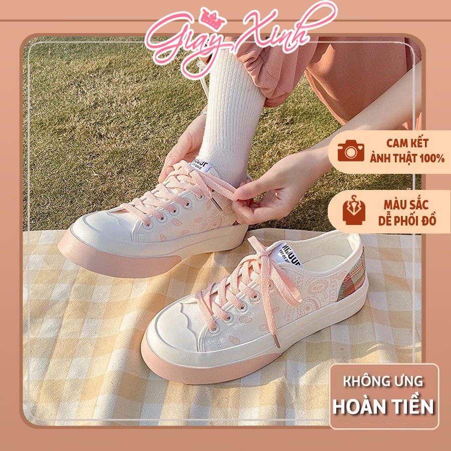 Giày thể thao nữ đế bằng kiểu dáng basic, giày sneaker  phối hoạ tiết đáng yêu kiểu dáng học sinh yêu thích
