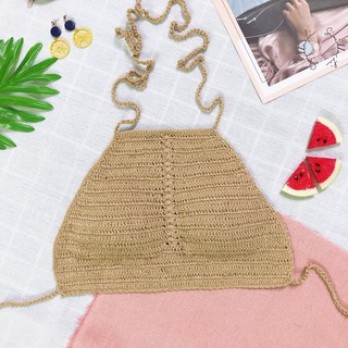 Bikini áo yếm len móc màu nude mặc đi biển