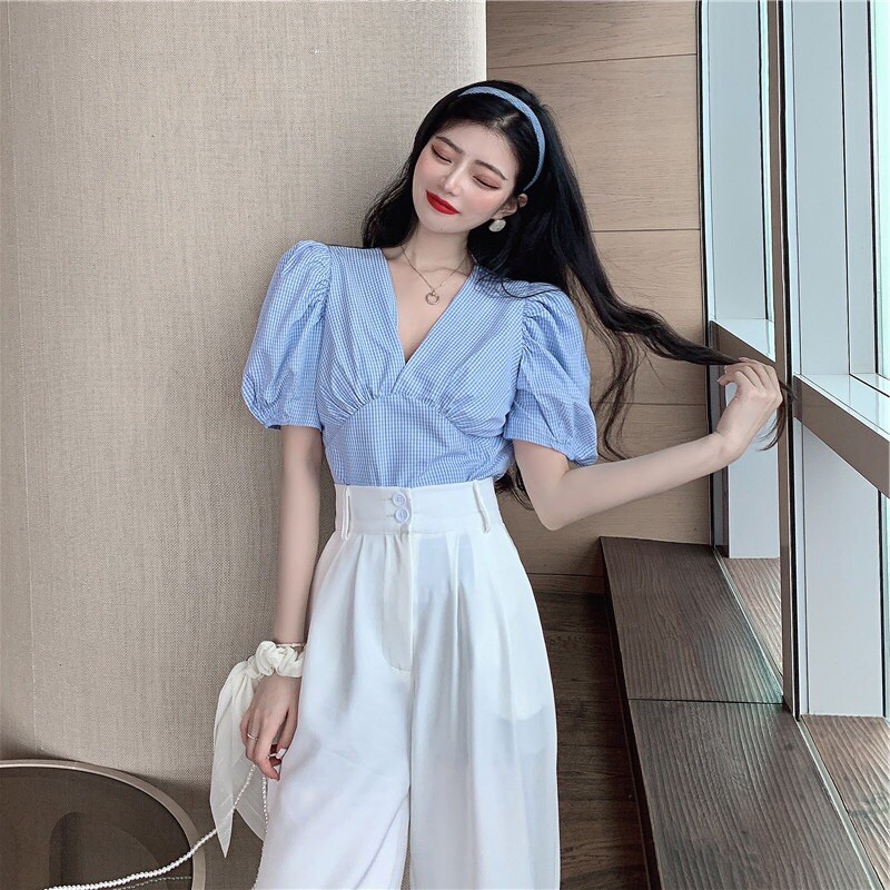Áo sơ mi caro nhún ngực,tay bồng