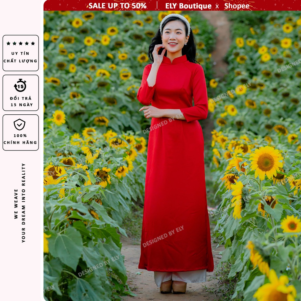 Áo dài nữ truyền thống ELY màu đỏ trơn 2 tà thiết kế chuẩn form đẹp LHS02