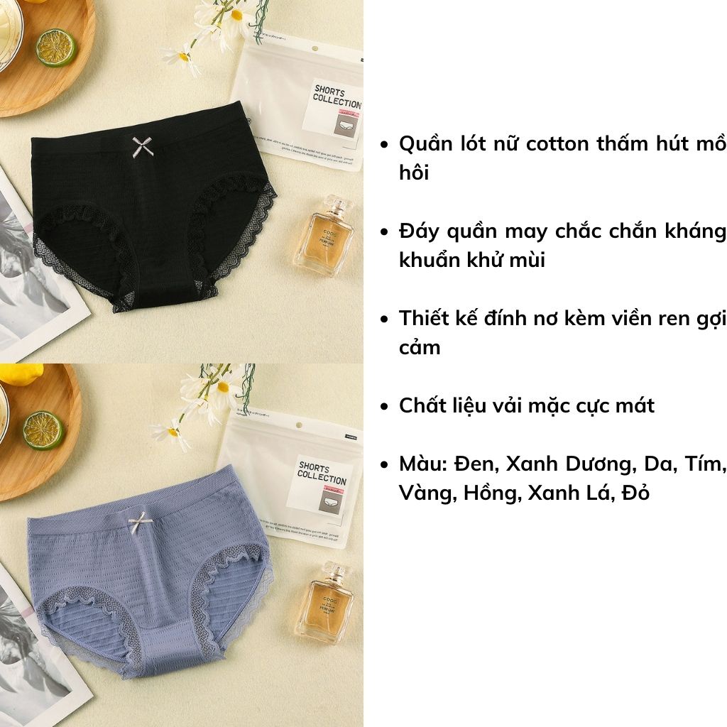 Quần lót nữ cotton thấm hút mồ hôi mặc siêu tôn dáng, Quần chíp nữ phối ren đính nơ gợi cảm sexy LANIXA Q12