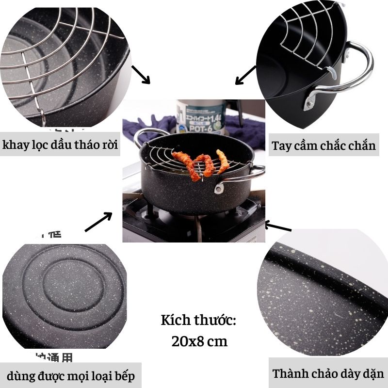 Nồi chiên chống dính emoojoo Nhật size 20cm có khay ráo mỡ vân đá siêu bền MIIBOOSHI D2.107